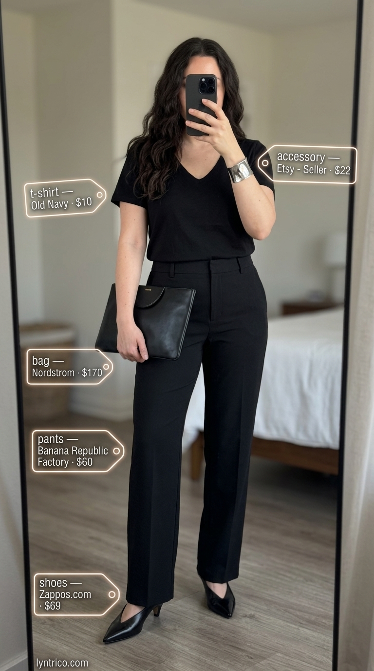 Minimalist Tucked In Summer T-Shirt Outfit 2026 Chic tucked in summer t-shirt outfit for women 2026: black tailored pants, black V-neck tee, and black heeled mules.
