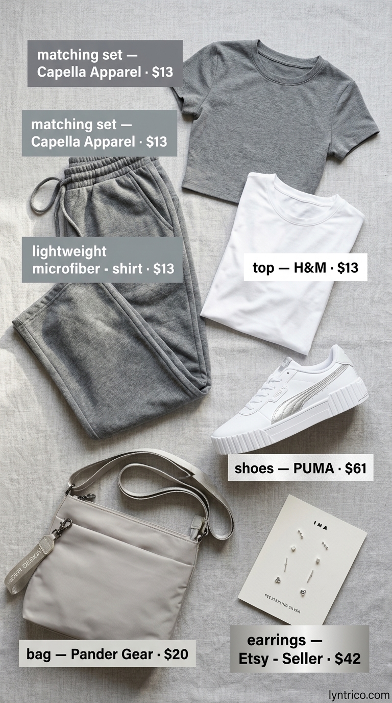 Athleisure Tucked In Summer T-Shirt Outfit 2026 Monochrome athleisure tucked in summer t-shirt outfit for women 2026 with grey joggers and cropped tee.