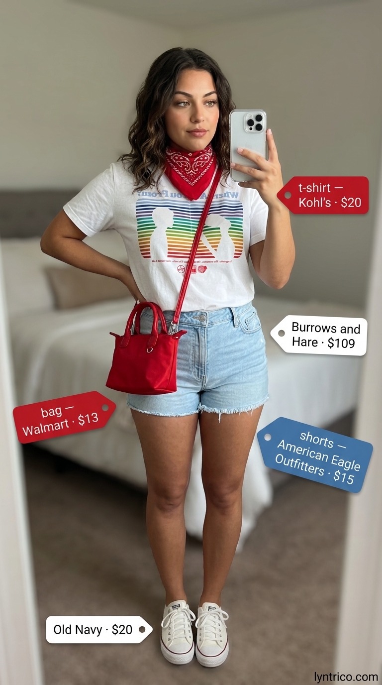 Tucked in summer t-shirt outfit for women 2026: Graphic tee with denim shorts, bandana, and sneakers for retro vibes.