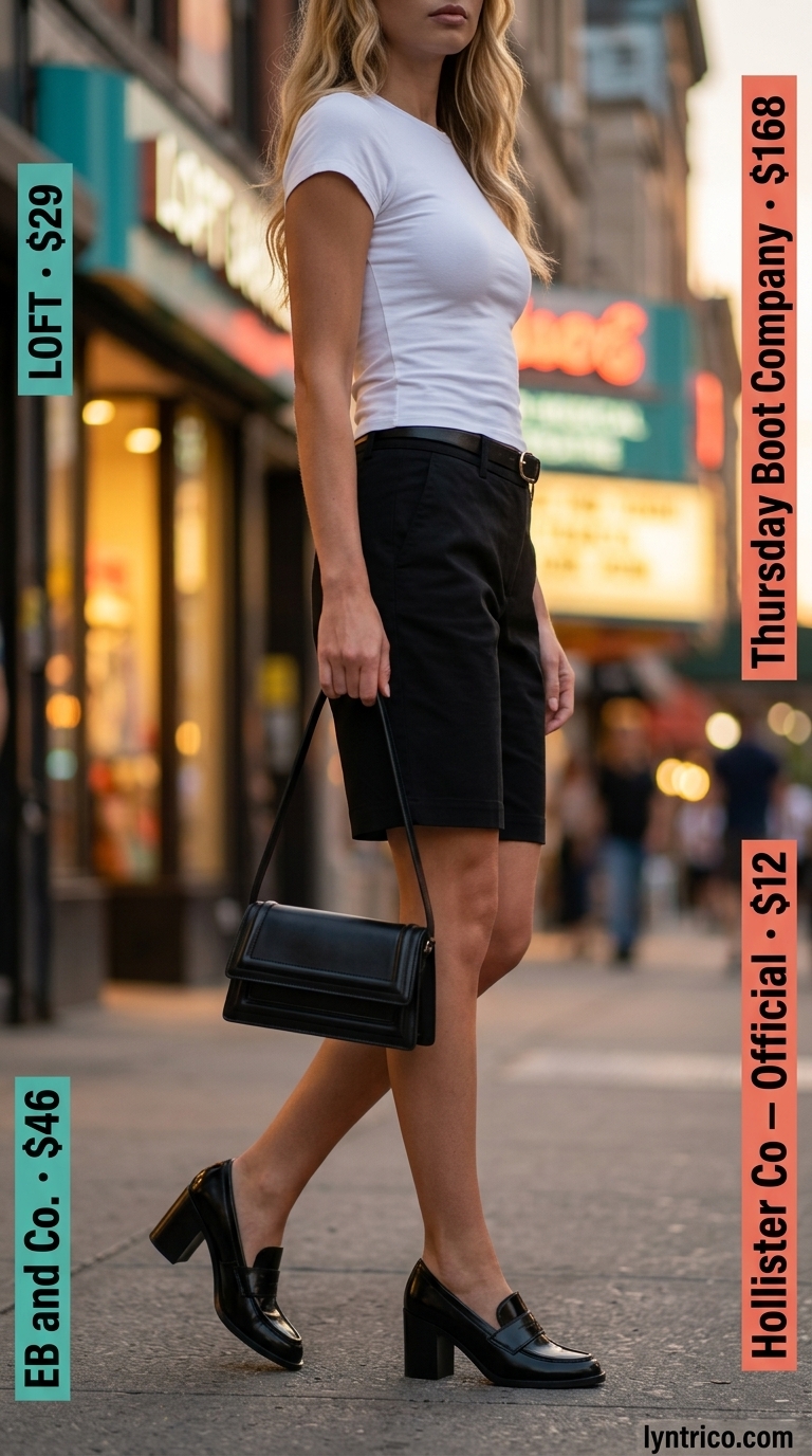 City Explorer Tucked In Summer T-Shirt Outfit 2026 Edgy tucked in summer t-shirt outfit for women 2026 with black Bermuda shorts, white tee, and silk scarf.