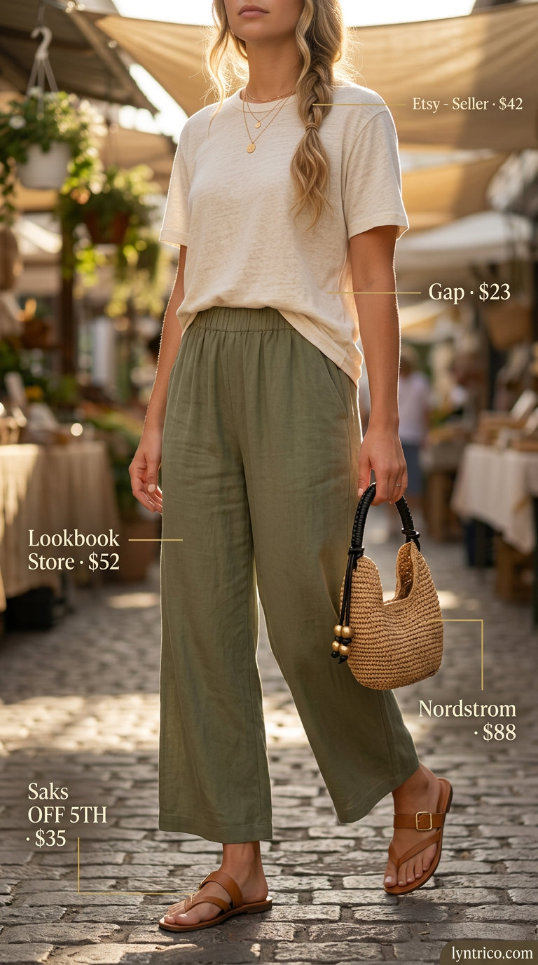 Casual Summer Tucked In T-Shirt Outfit 2026 Tucked in summer t-shirt outfit for women 2026: Cream tee, olive linen pants, tan sandals, straw bag.
