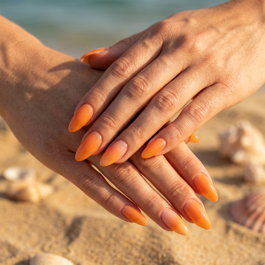 Apricot Jelly Gloss Almond Nails 2026 | Fresh Summer Style Almond summer nails 2026 for fair skin: Apricot jelly gloss with gradient accent for vacation and beach days.