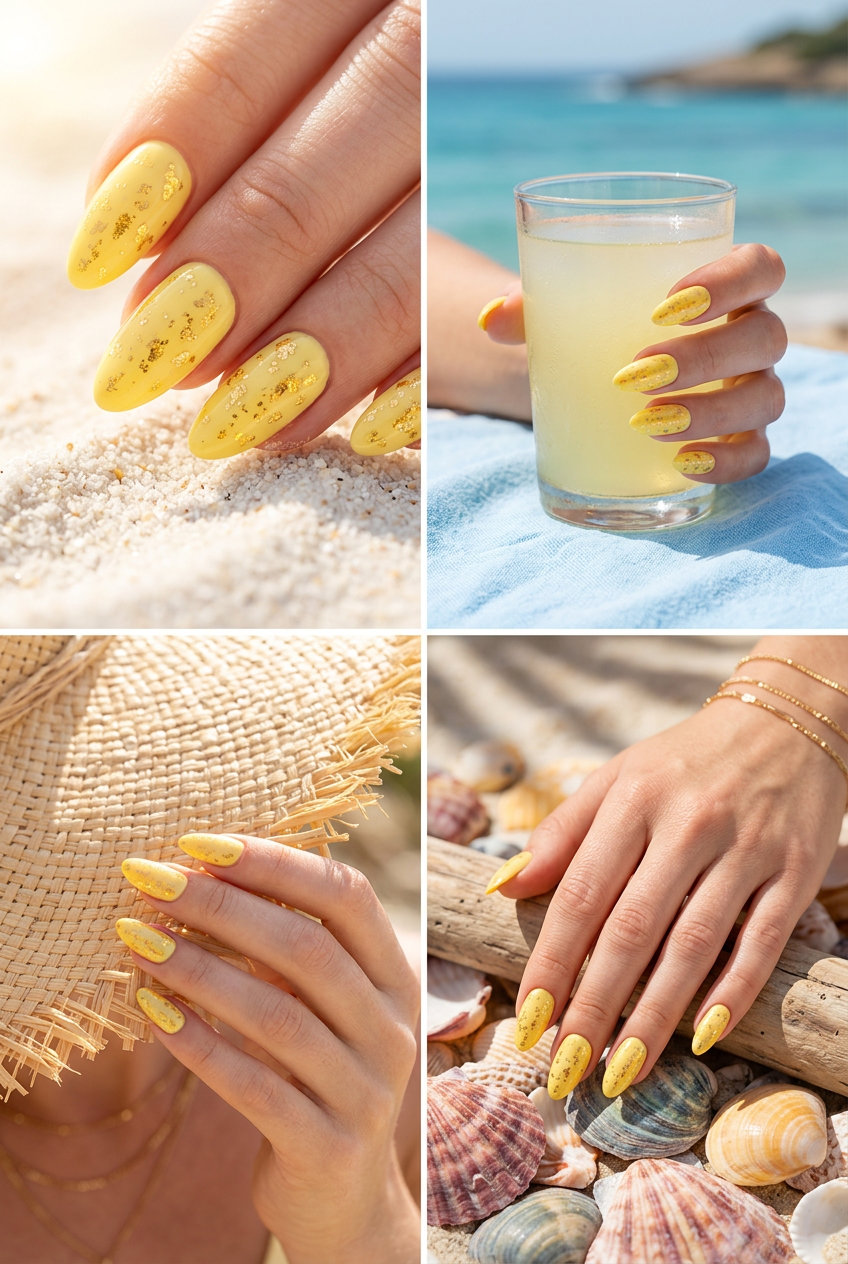 Golden Butter Flakes Almond Nails 2026 | Summer Party Style Almond summer nails 2026 for fair skin: Bright butter yellow with gold flakes for vacation and summer parties.