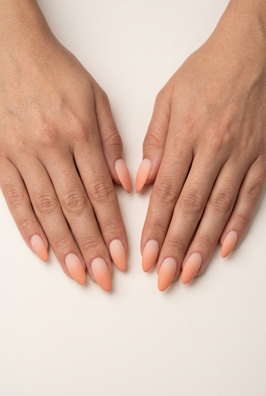Sunset Peach Matte Gradient Almond Nails 2026 | Sophisticated Style Almond summer nails 2026 for fair skin: Sunset peach matte gradient for formal events and summer weddings.