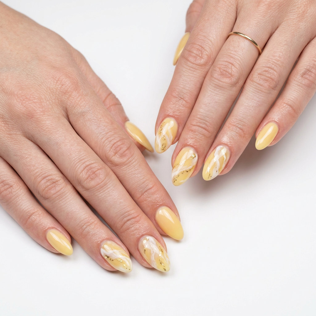 Almond Summer Nails 2026: Golden Hour Marble Golden hour marble almond nails with gold foil for fair skin, ideal for summer vacation.