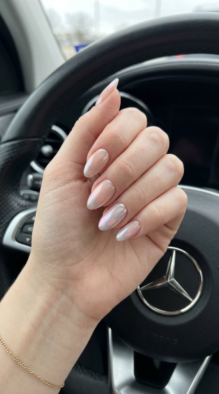 Almond Summer Nails 2026: Iridescent Chrome Ethereal iridescent chrome accent almond nails for fair skin, perfect for date nights.