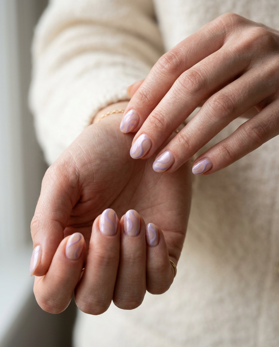 Almond Summer Nails 2026: Lavender Pearlescent Swirls Soft lavender pearlescent swirls almond nails for fair skin, great for casual wear and festivals.