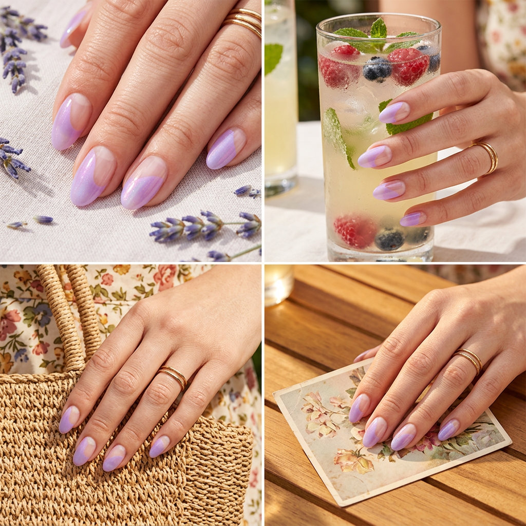Almond Summer Nails 2026: Lilac Negative Space Lilac negative space almond nails for fair skin, perfect for parties and summer events.