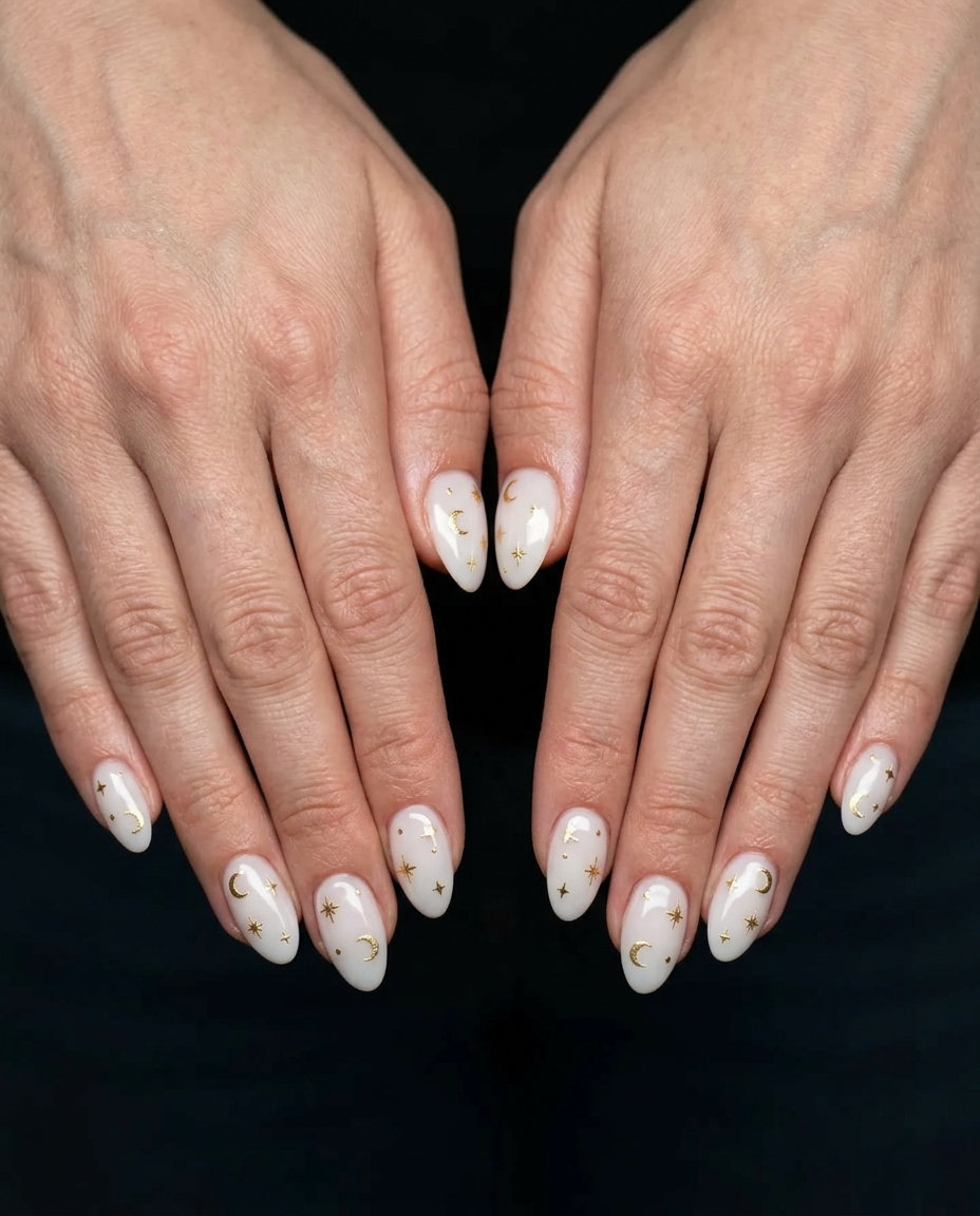 Milky Decals Almond Nails 2026 - Whimsical Vacation Style Milky white almond nails with gold/silver decals for almond summer nails 2026 for fair skin. Whimsical vacation style.