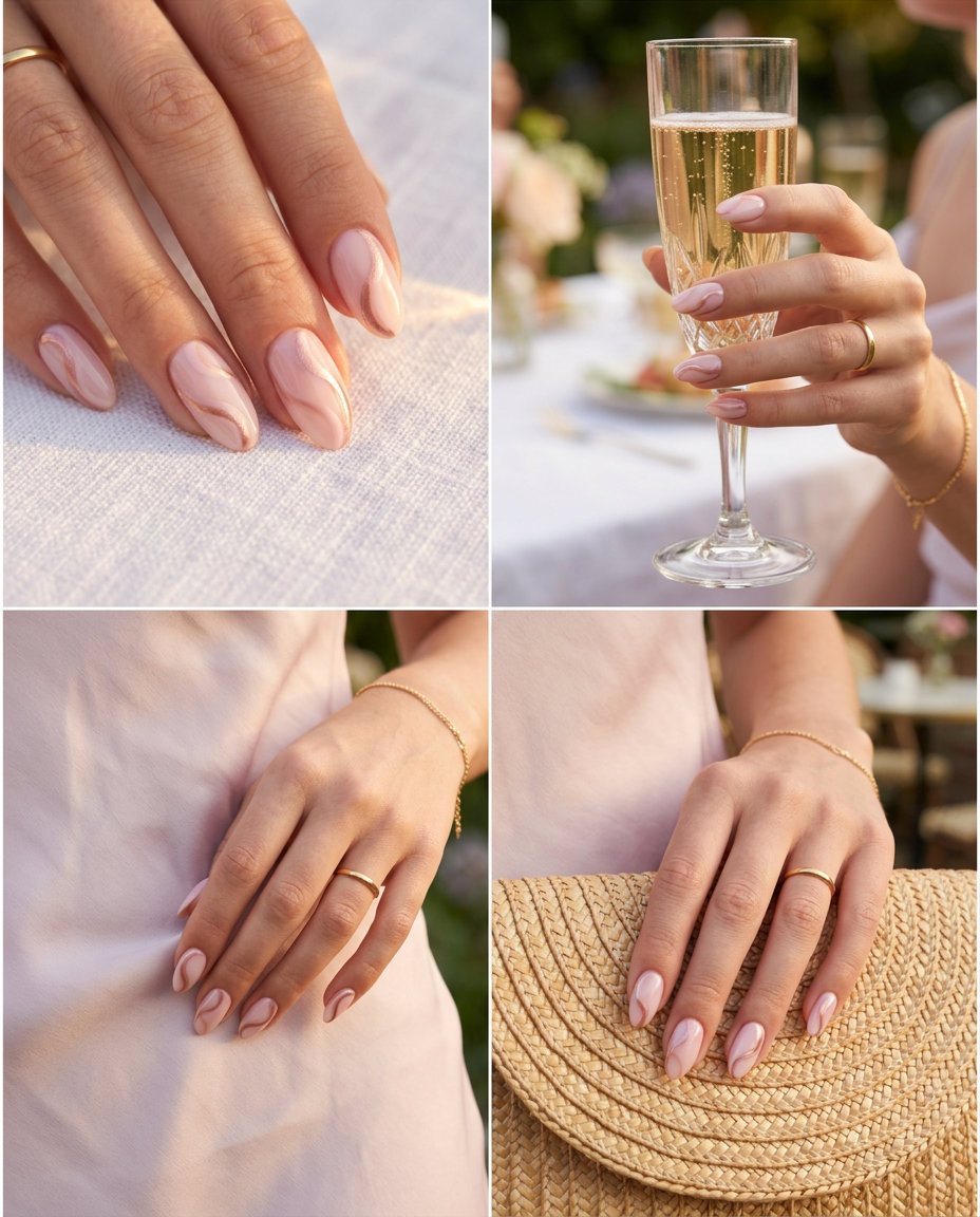 Almond Summer Nails 2026: Milky Swirls Dreamy milky swirls almond nails with rose gold for fair skin, perfect for weddings.