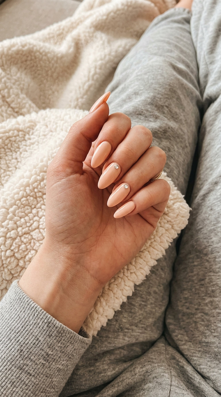 Subtle Sparkle Peach Almond Nails 2026 - Romantic Date Night Pale peach almond nails with rhinestone accent for almond summer nails 2026 for fair skin. Romantic date night style.