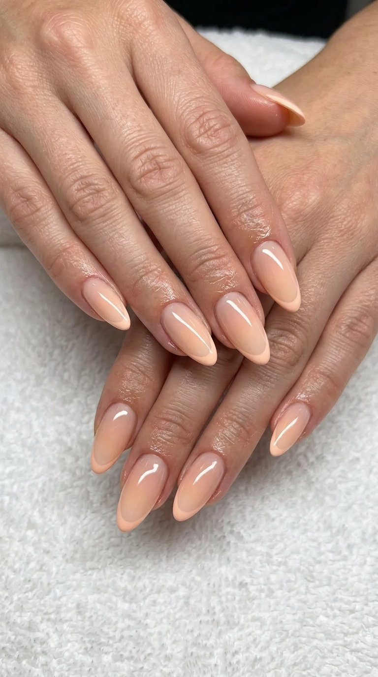 Peachy Ombre French Almond Nails 2026 - Romantic Wedding Guest Peachy ombre micro French almond nails for almond summer nails 2026 for fair skin. Romantic wedding guest style.