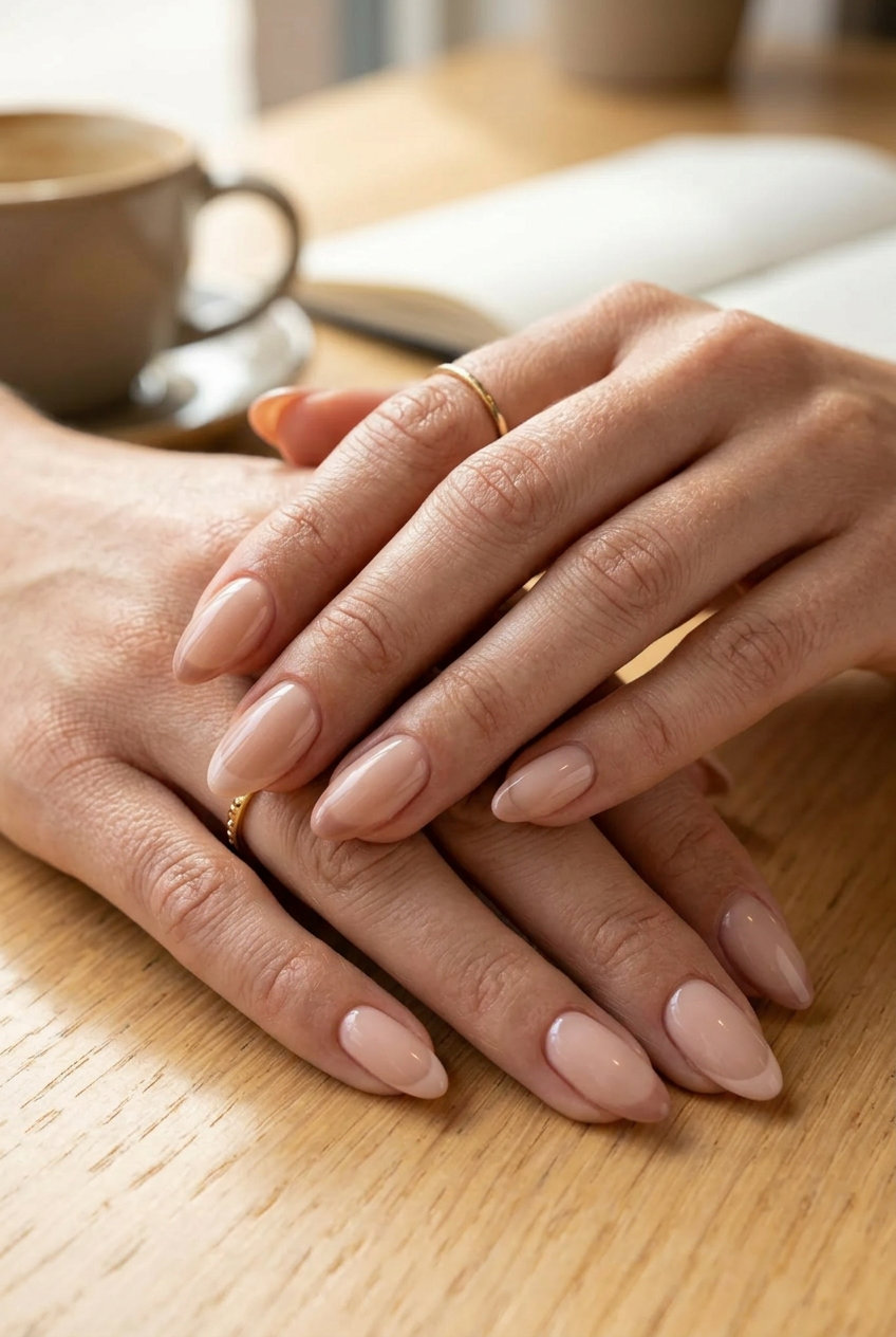Sheer Nude Micro French Almond Nails 2026 - Minimalist Work Sheer nude almond nails with micro French accent for almond summer nails 2026 for fair skin. Minimalist work style.