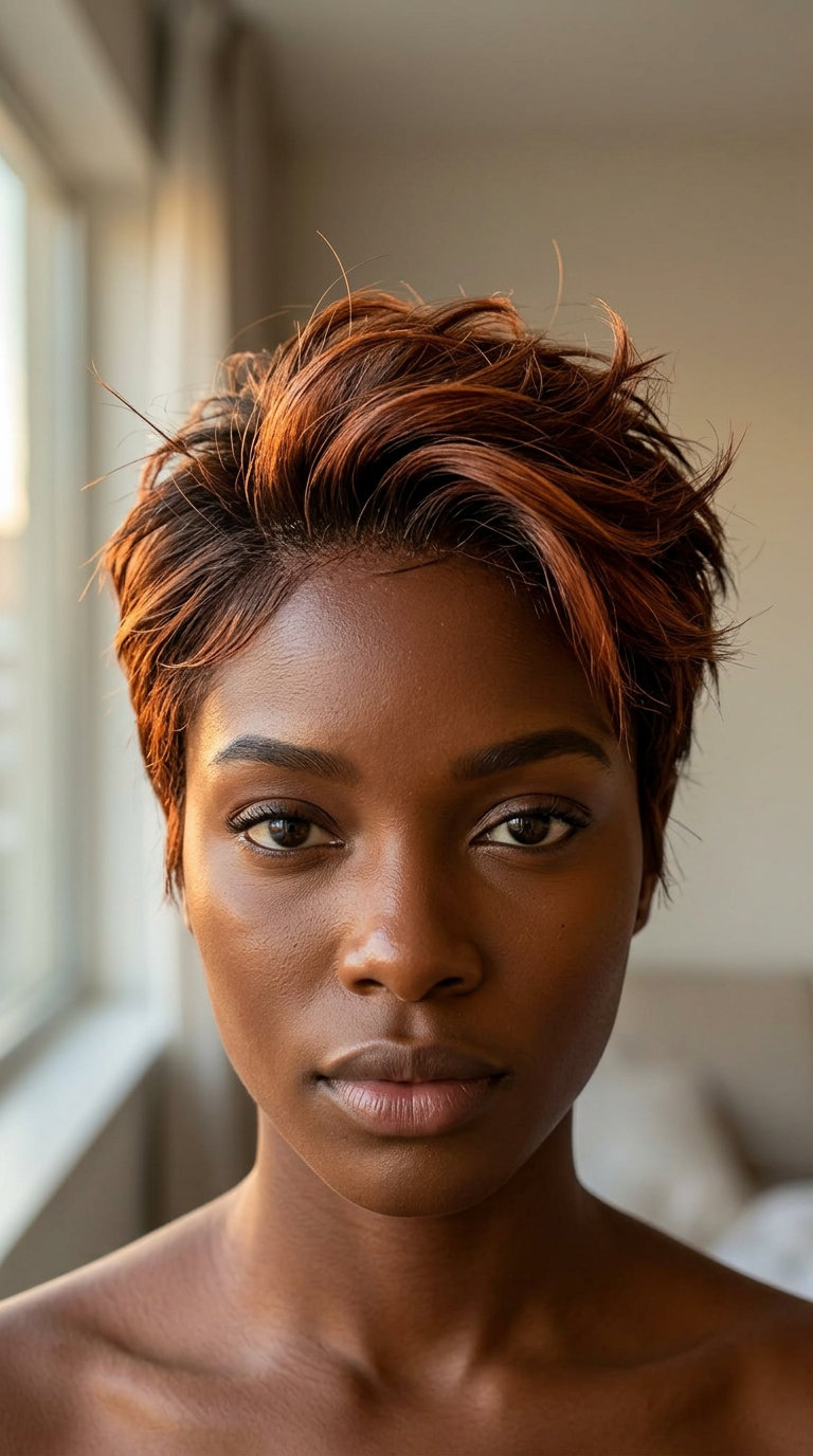 short textured crop haircut with amber ale caramel balayage, tapered sides, no bangs — edgy, bold