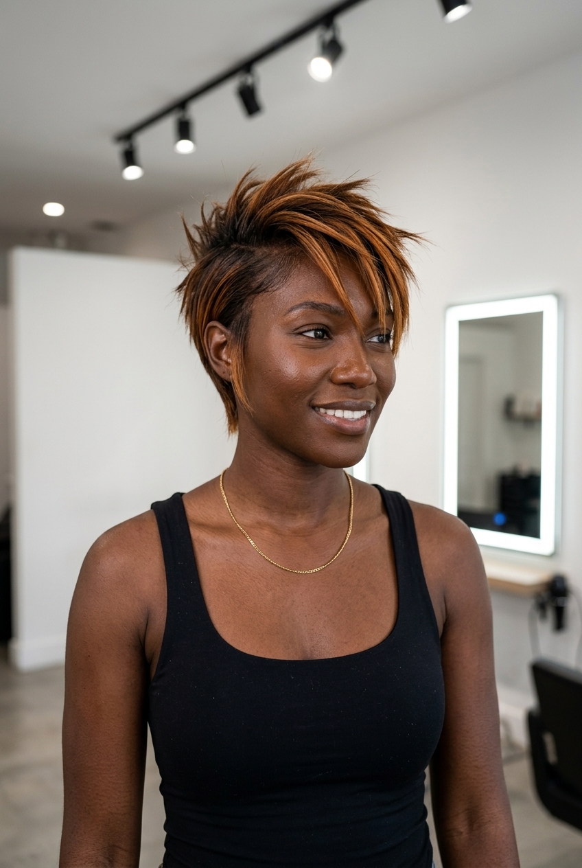short undercut with amber ale caramel balayage, point-cut layers, no bangs — bold & edgy