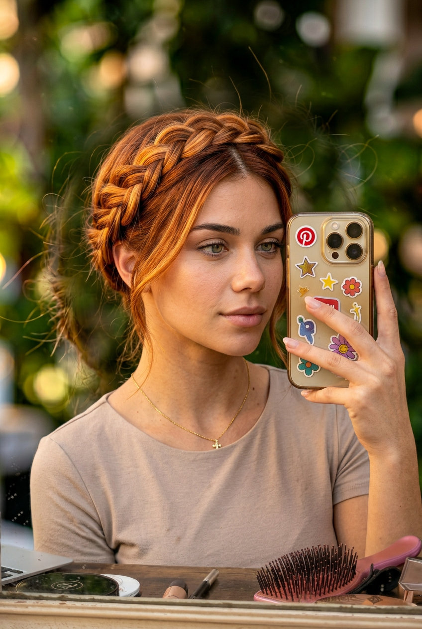 long auburn balayage with amber highlights, face-framing layers, no fringe — romantic ethereal style