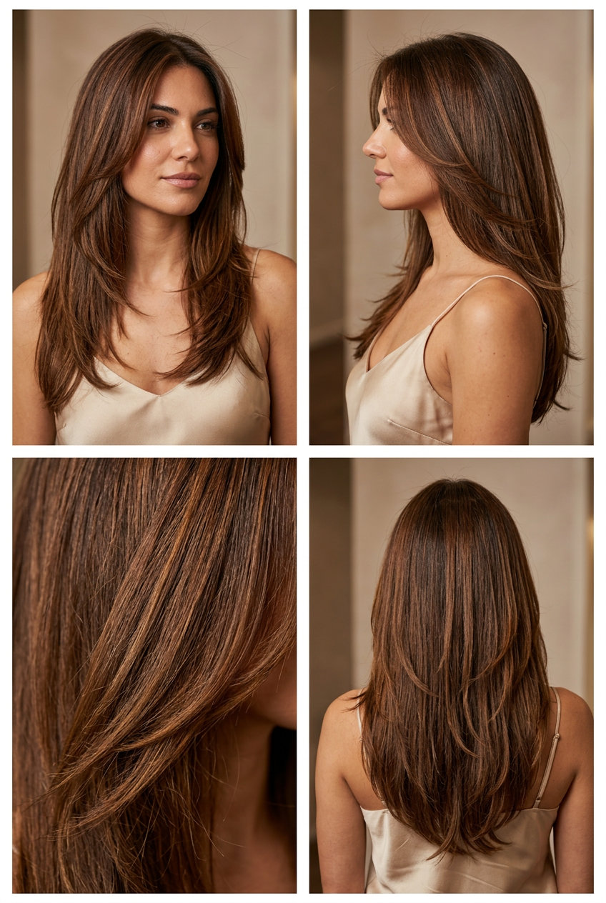 Syrup Brunette Glamour Waves 2026 long haircut with rich amber brown, caramel ribbons, subtle V-shape back, long face-framing pieces — elegant vacation dinner