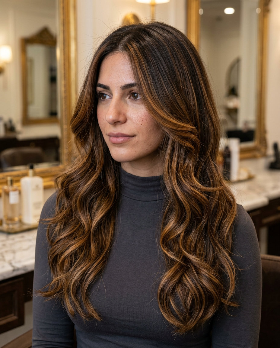 long flowing balayage with amber ale caramel, butterfly layers, face-framing — romantic glamorous cascade