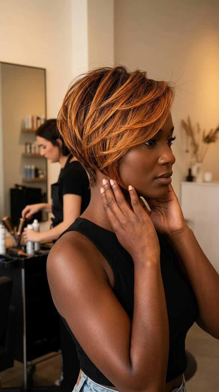 short pixie cut with amber ale caramel balayage, razored texture, face-framing pieces — bold & edgy