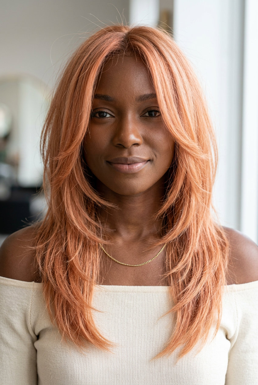 chest-length choppy shag haircut with pastel copper and peach, point-cut layers, long face-framing pieces — vibrant and playful