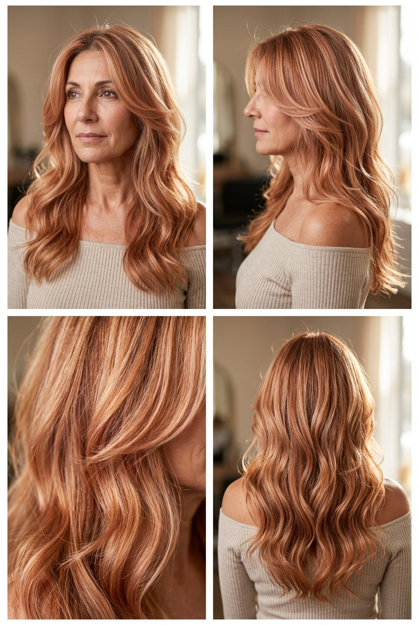 long apricot copper haircut with strawberry blonde highlights, soft butterfly layers, face-framing — romantic summer