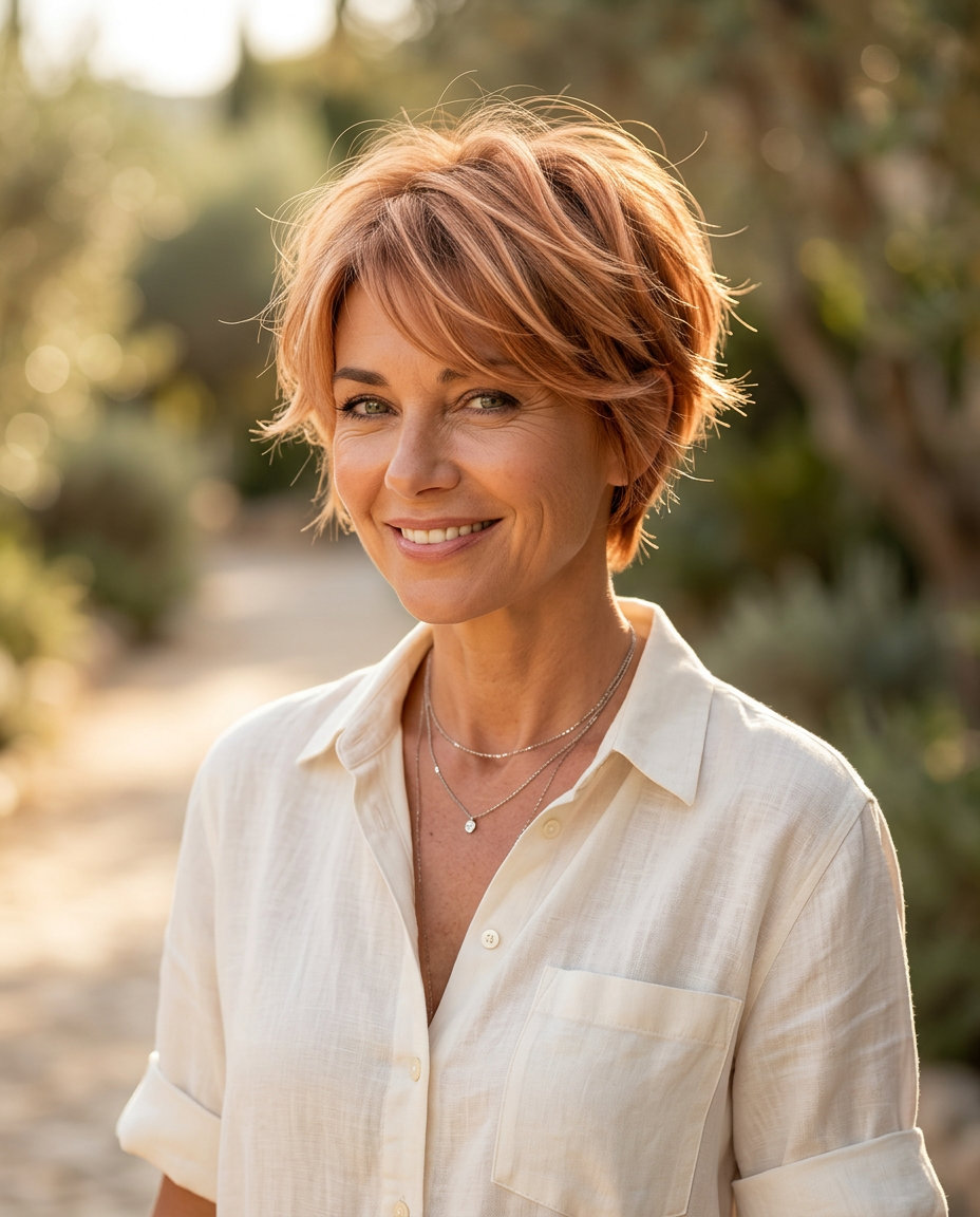 short apricot copper pixie haircut with strawberry blonde babylights and razored ends