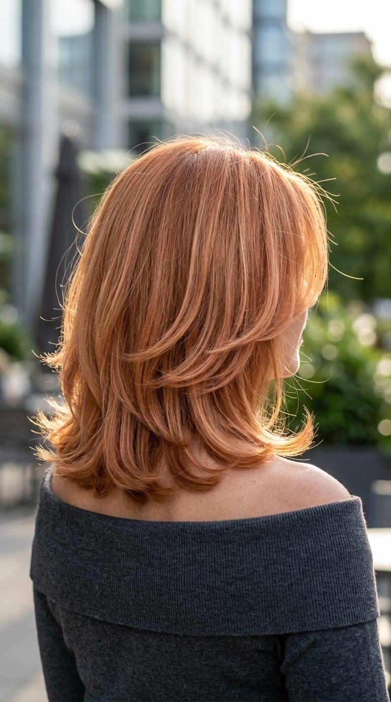 shoulder-length curve cut apricot crush copper with strawberry blonde babylights, face-framing layers — playful, retro modern
