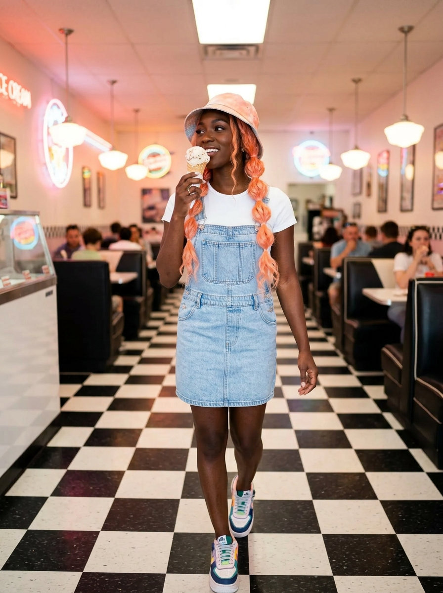 long apricot crush bubble braids with bucket hat for festival
