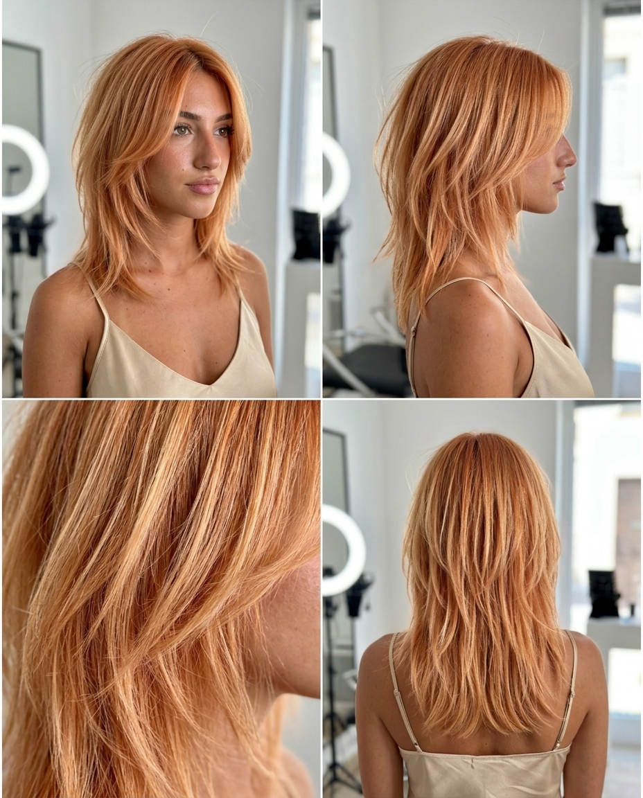 long haircut with razored layers in apricot crush with strawberry blonde highlights, edgy look for festivals