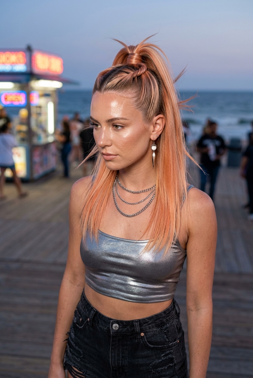 apricot crush twisted summer half up half down hairstyles 2026 with vibrant peach tones, side twists, no fringe — edgy festival