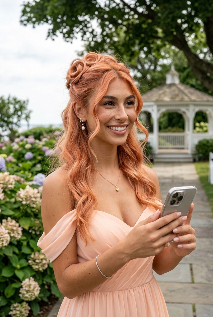 apricot crush twisted summer half up half down hairstyles 2026 with peach tones, rosette twists, face-framing tendrils — ethereal wedding