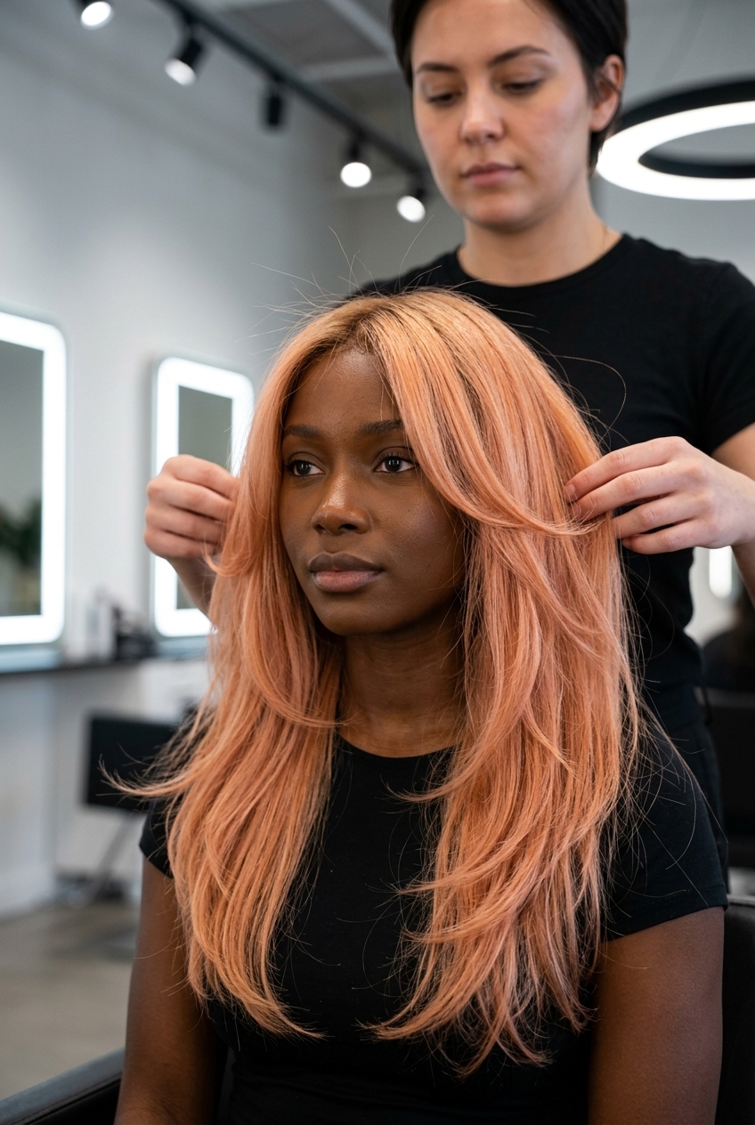 long layered haircut in vibrant apricot crush with blonde root smudge and undercut