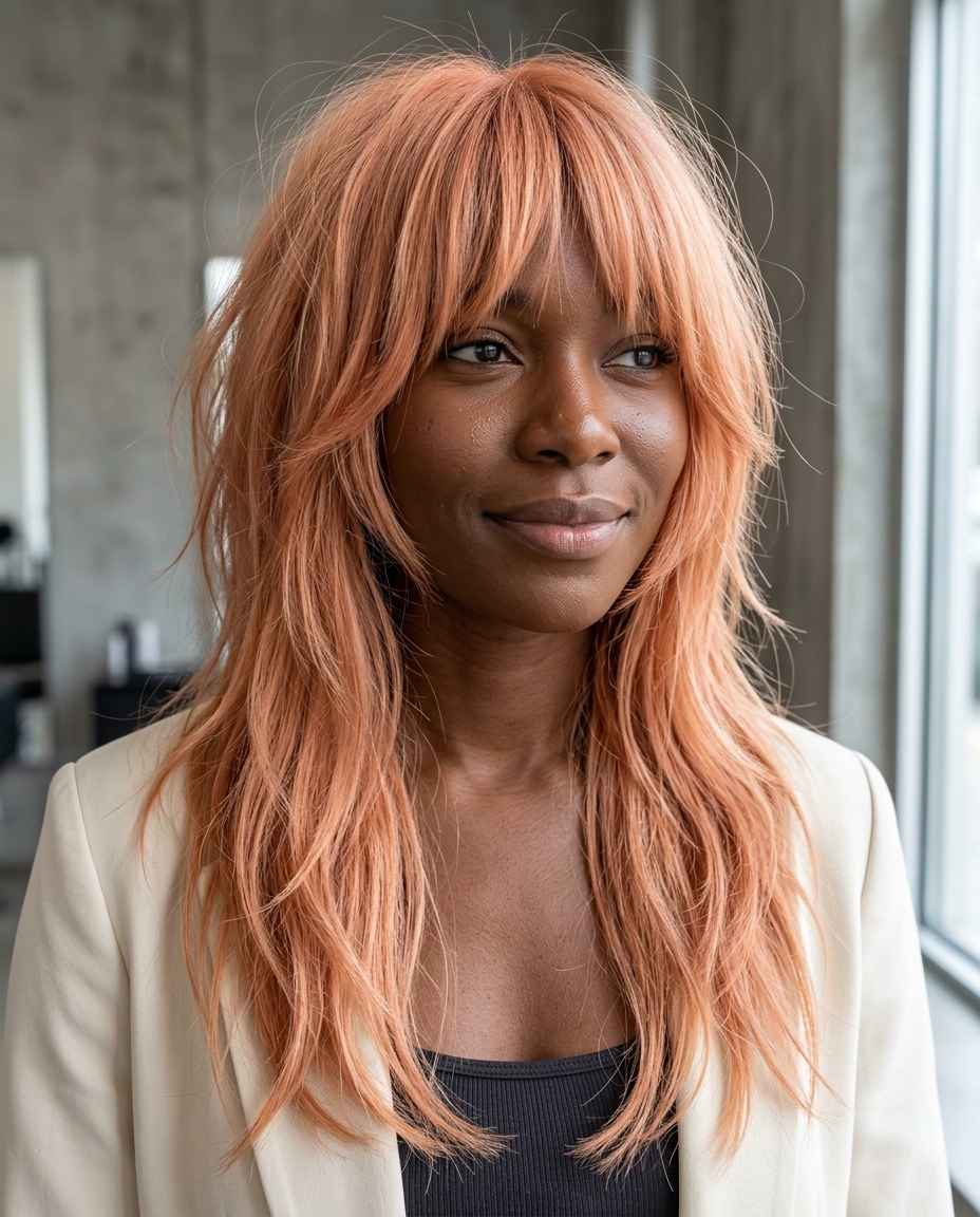 long shag haircut in apricot crush with peach undertones and heavy fringe
