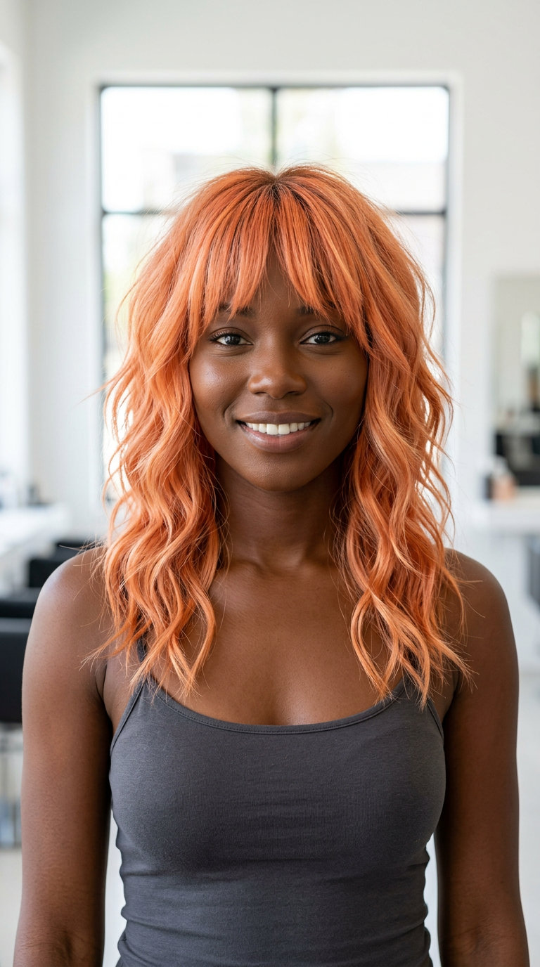 medium-long apricot crush shag haircut with peach highlights and eye-grazing fringe for summer