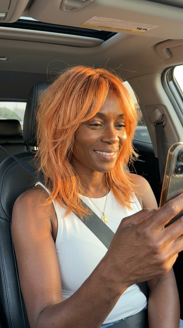 medium-length shag haircut in apricot crush with strawberry blonde accents, aggressive razor-cut layers, wispy curtain bangs — bold rockstar vibe
