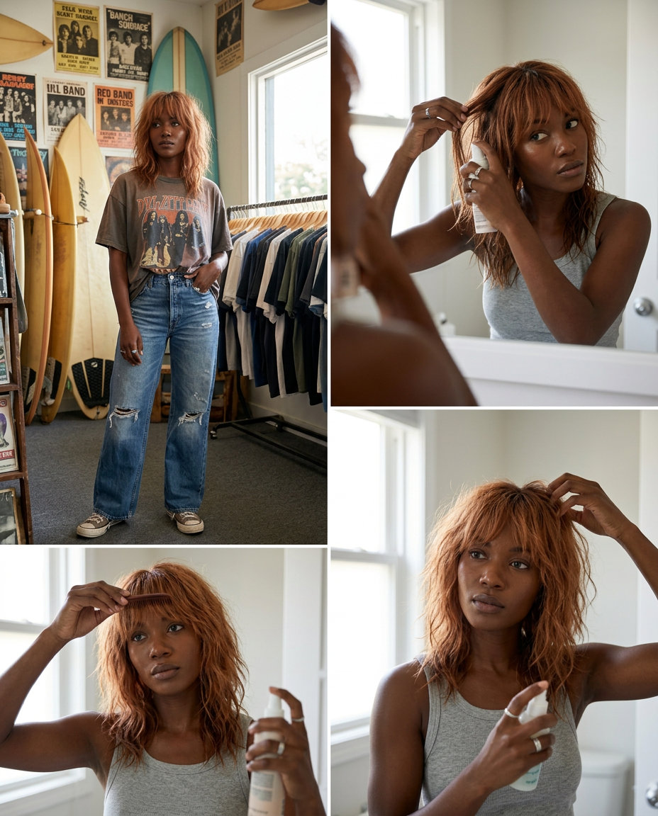 medium-length shag haircut in apricot crush with textured layers and natural waves, styled with a retro bandana — bold textured