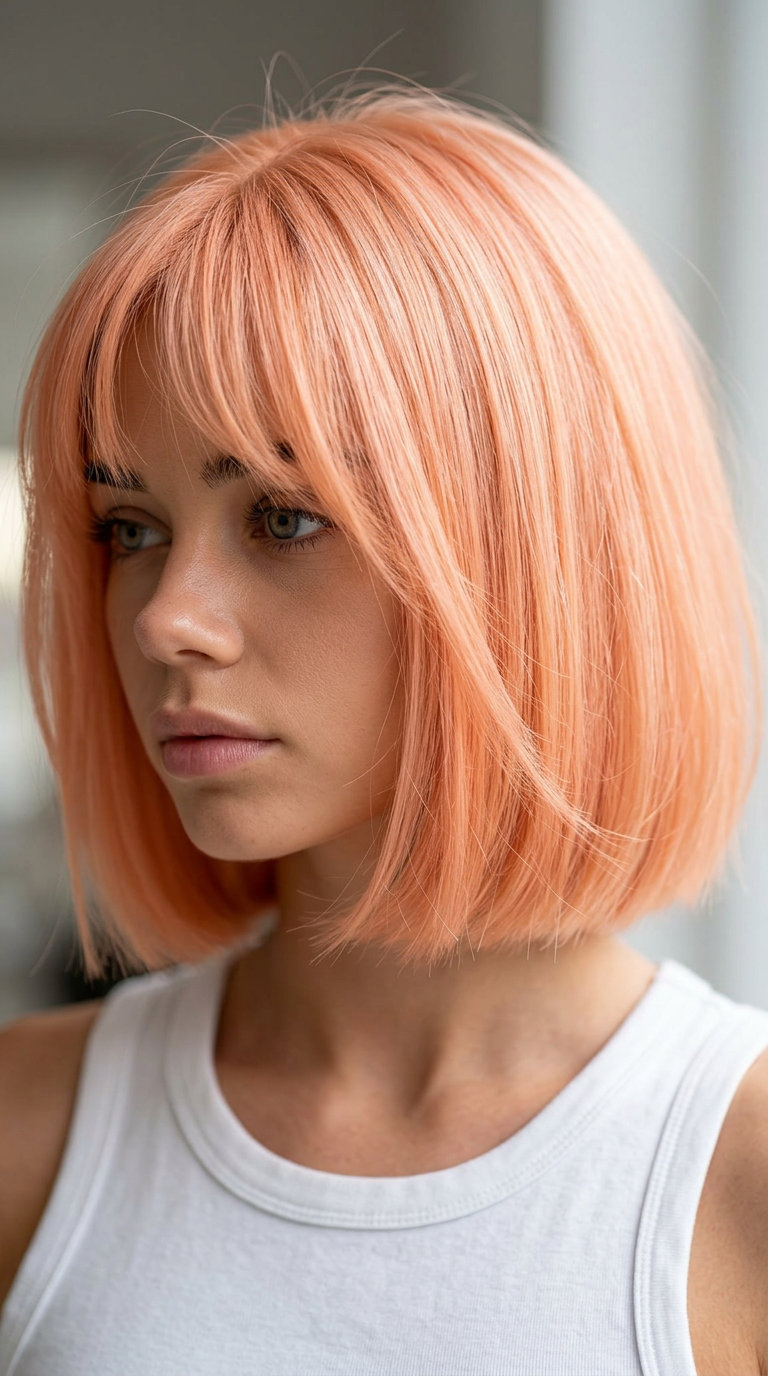 Apricot Crush Bob with Wispy Bangs 2026 short apricot crush bob with wispy bangs and subtle internal layers for summer