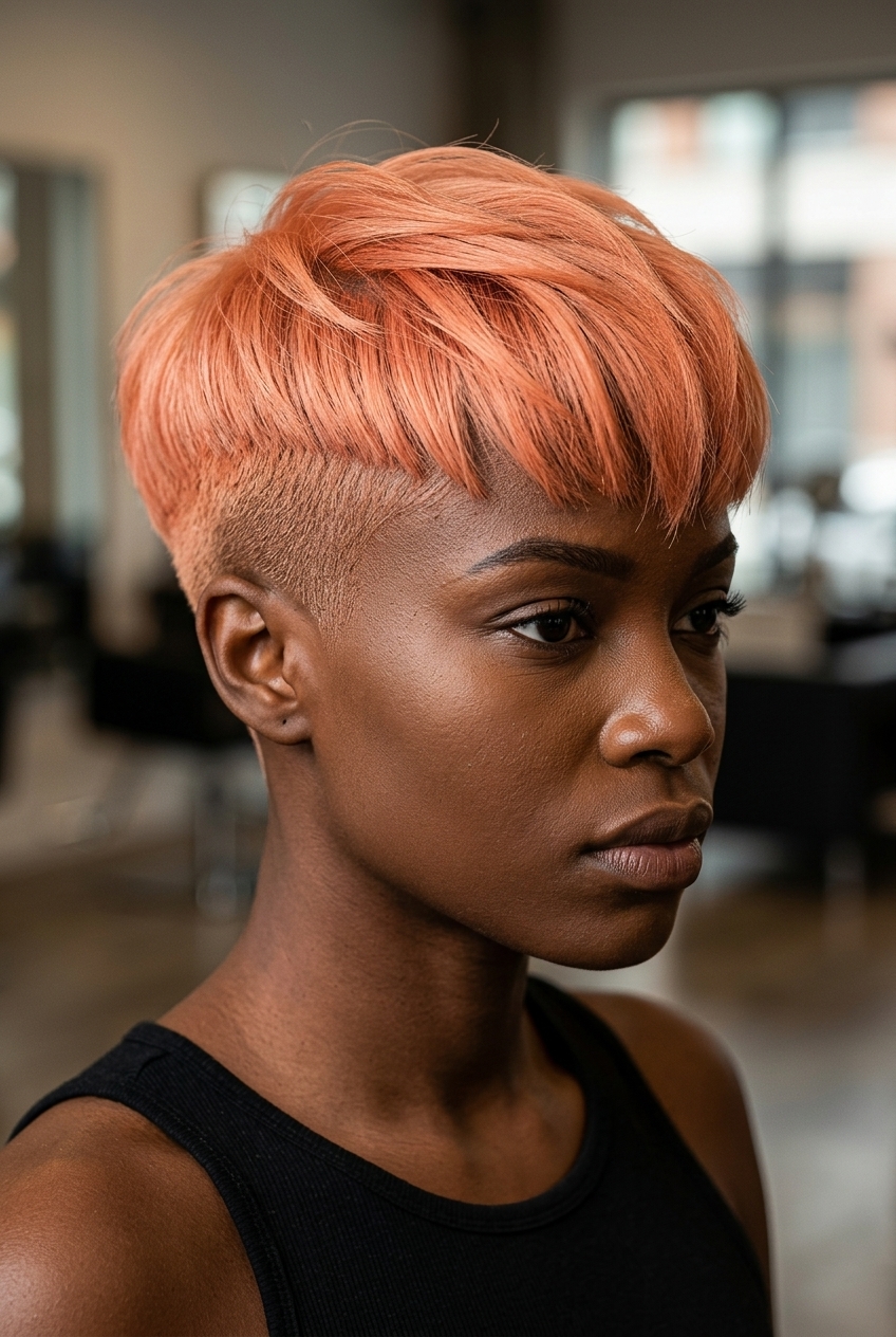 short crop haircut with clipper fade in Apricot Crush with peach undertones and rounded top for festival