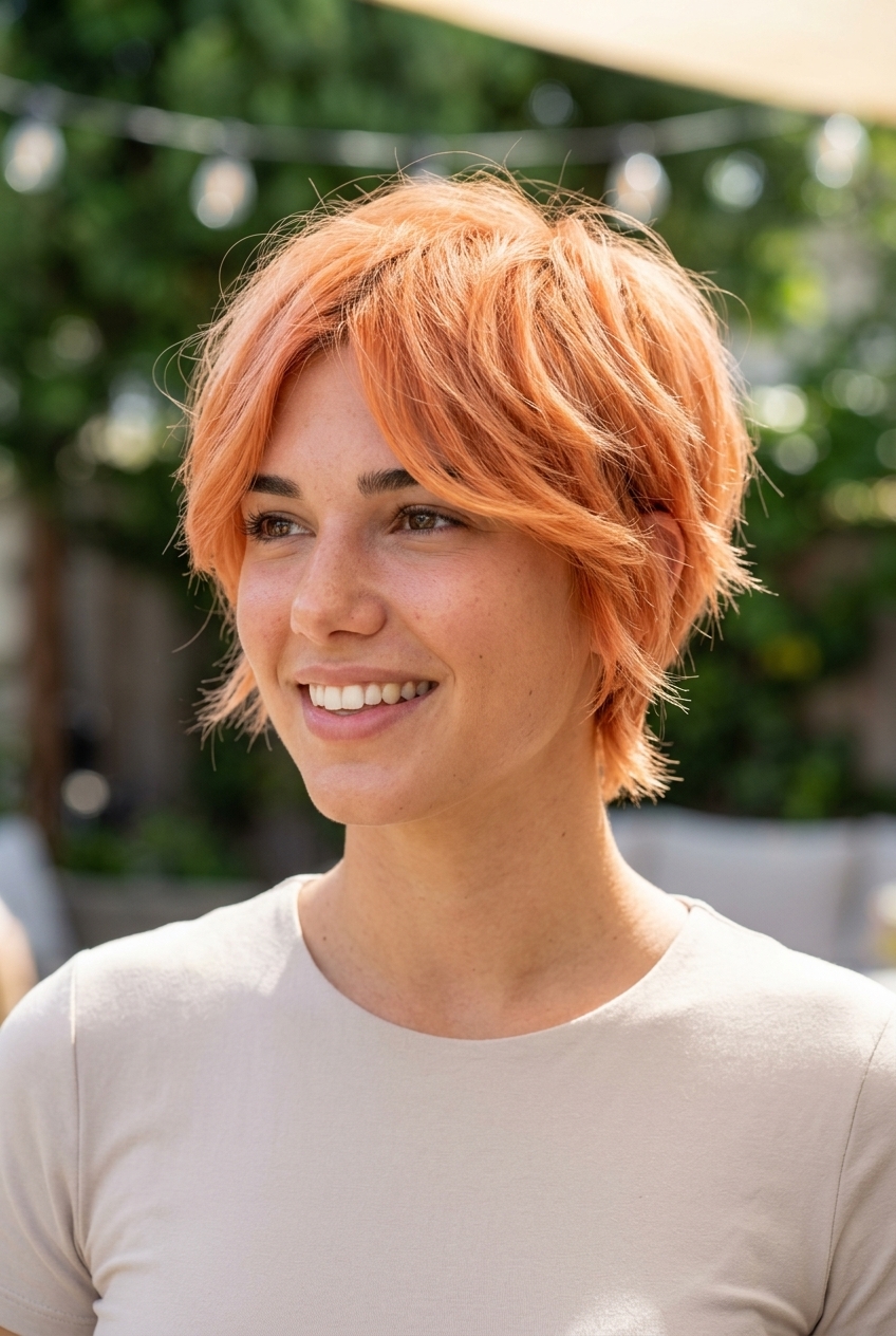 short layered pixie shag haircut in Apricot Crush with textured pieces and wispy fringe for festival