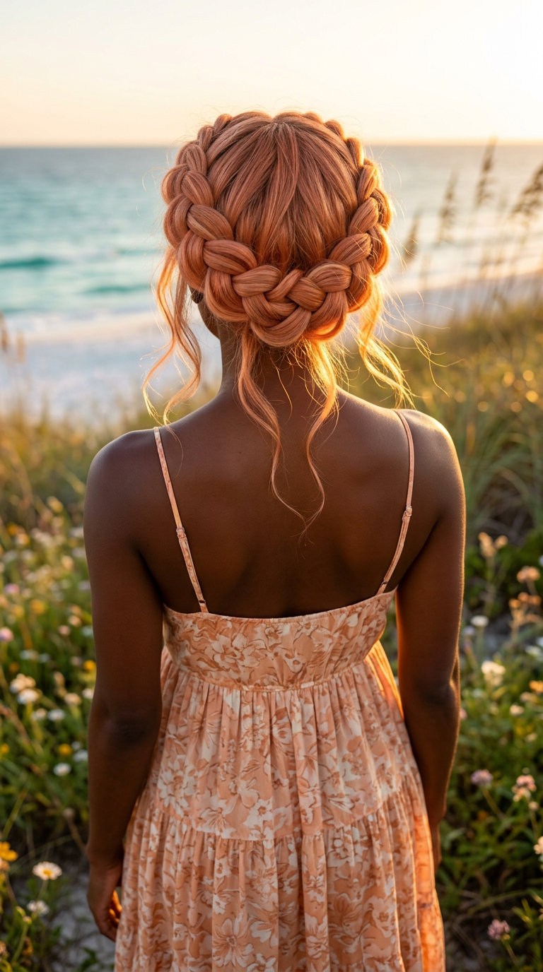 long apricot crush Dutch braid crown with strawberry blonde highlights and face-framing pieces for summer