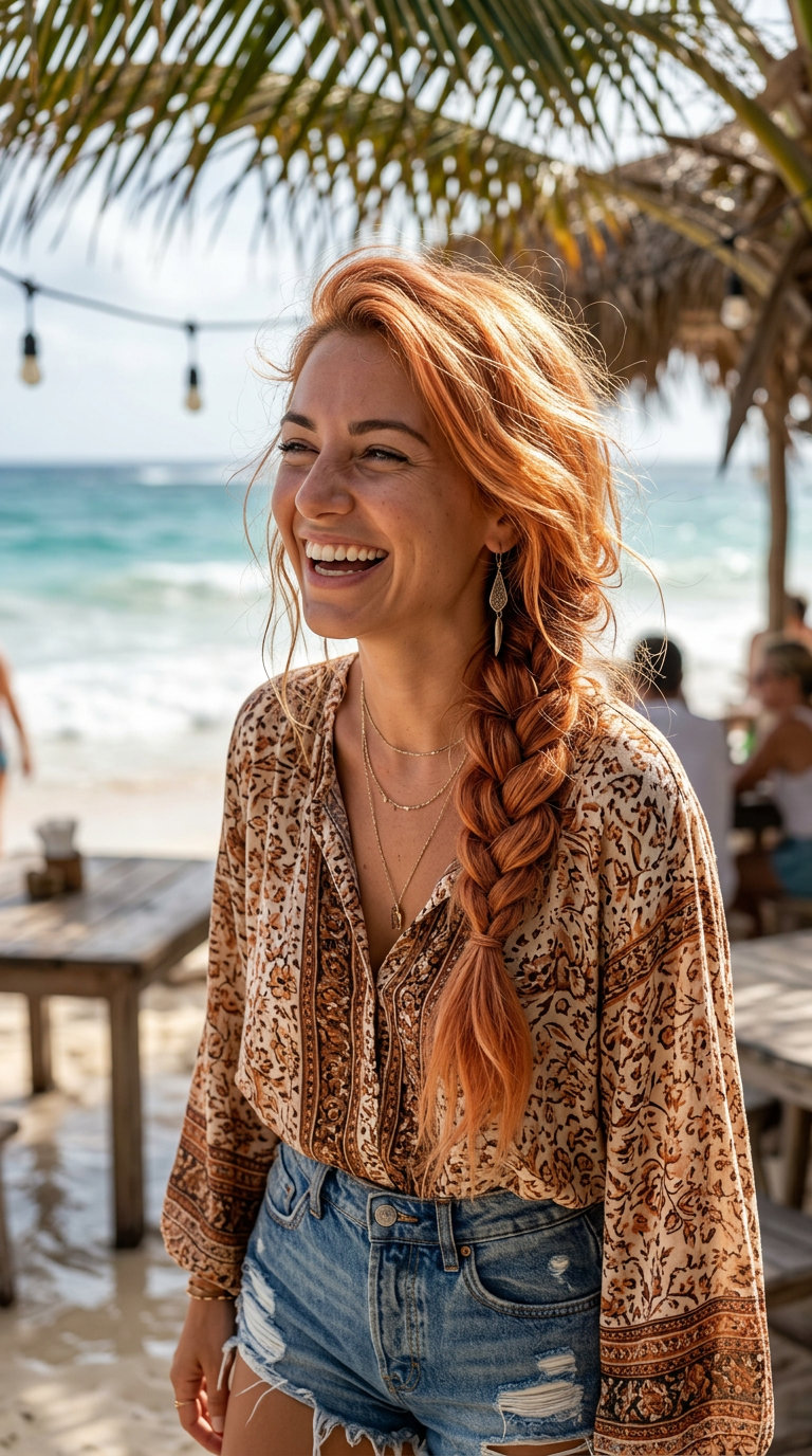 long apricot crush side braid with strawberry blonde accents and face-framing pieces for summer