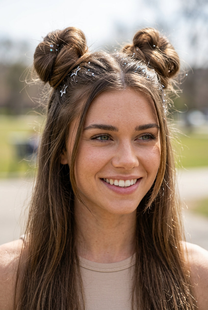 long apricot crush space buns with strawberry blonde accents and face-framing pieces for summer