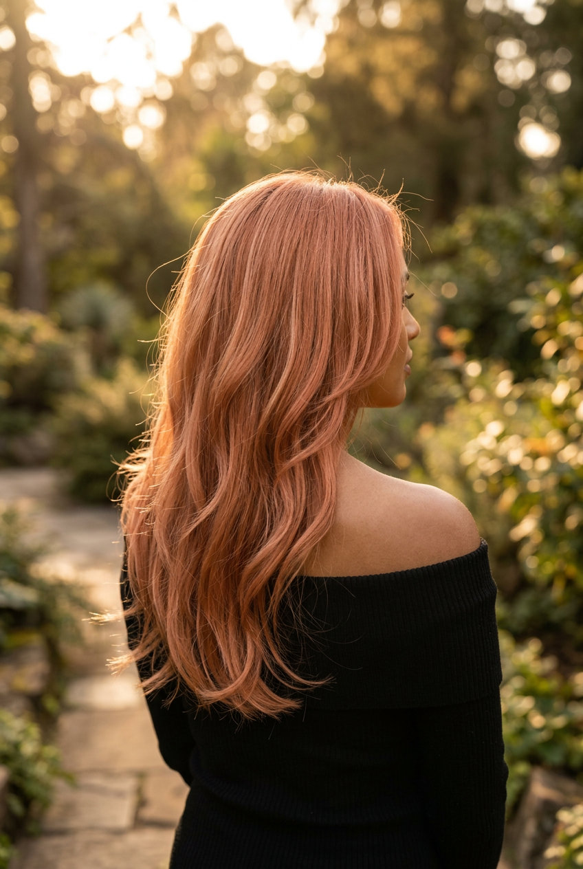Apricot Crush Cascade: Long Haircut 2026 long apricot crush haircut with strawberry blonde babylights, soft face-framing layers for date night