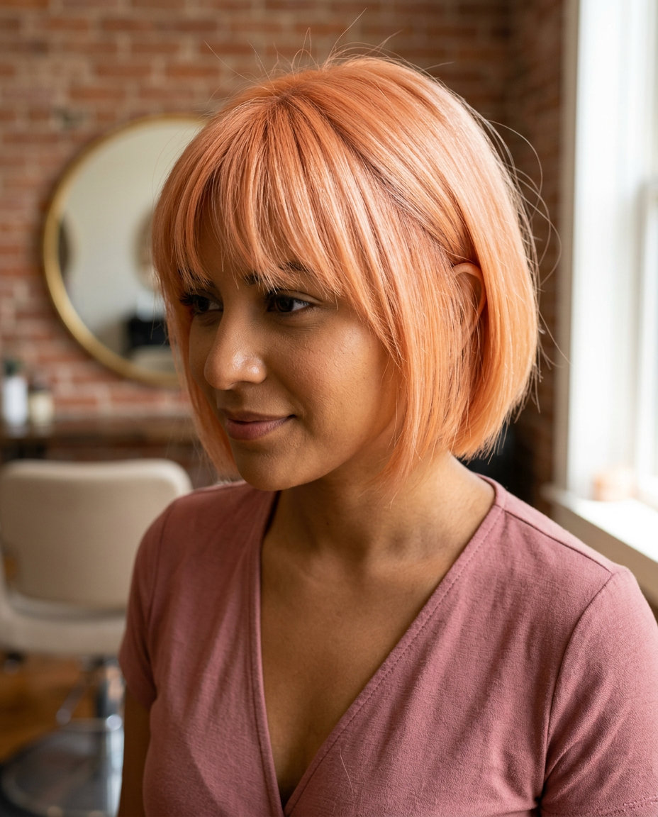 short French bob with apricot orange-pink, brow-grazing fringe, blunt perimeter — playful bold style