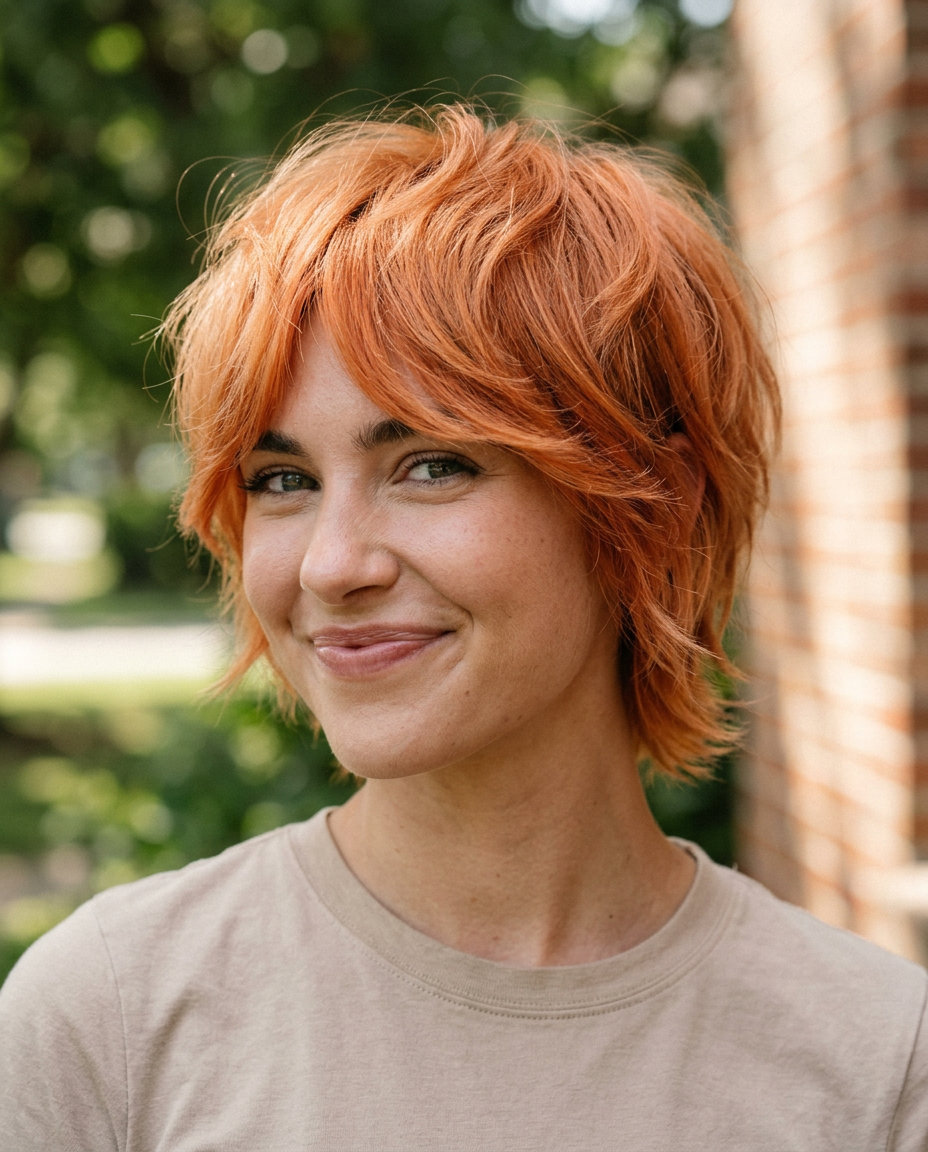 short pixie shag haircut in vibrant apricot orange with peach undertones and razored ends for weekend