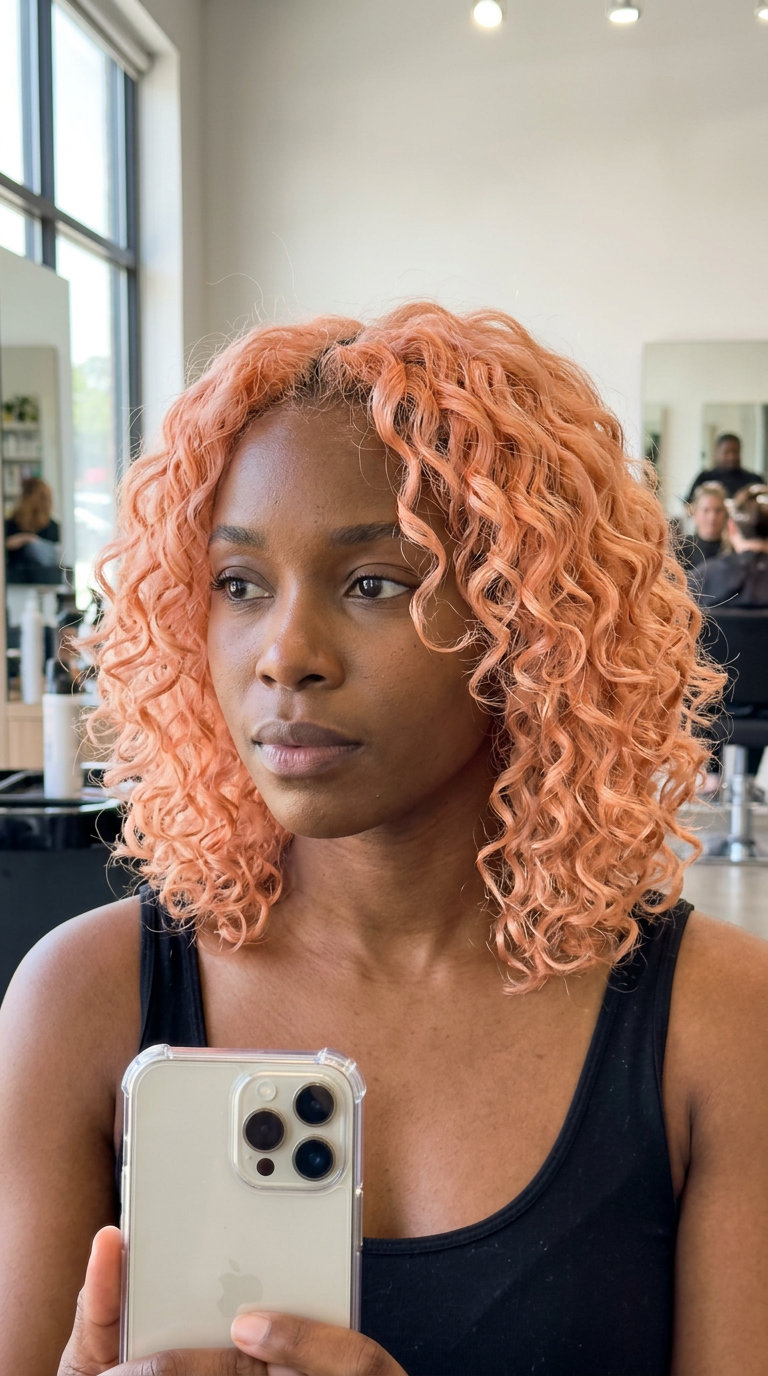 medium curly lob haircut with apricot pink, rounded layers, face-framing — playful festival look