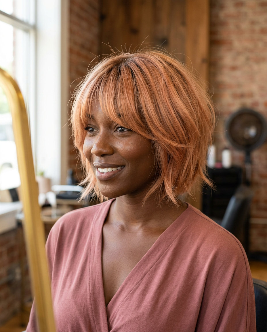 short shag bob haircut with apricot crush, strawberry blonde highlights, and curtain bangs for music festival