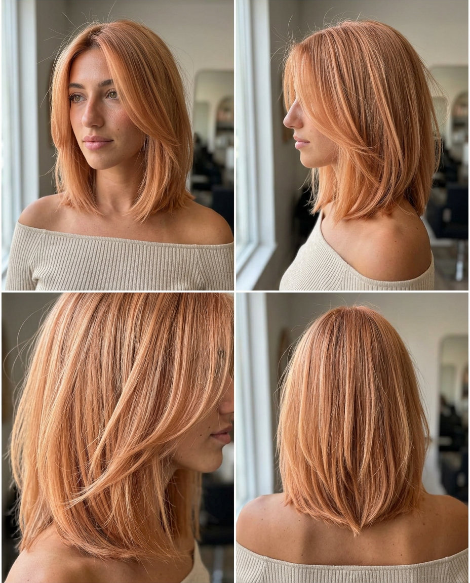 Textured Apricot Crush Lob: Summer Haircut 2026 shoulder-length apricot crush haircut with peach undertones, internal layers for brunch