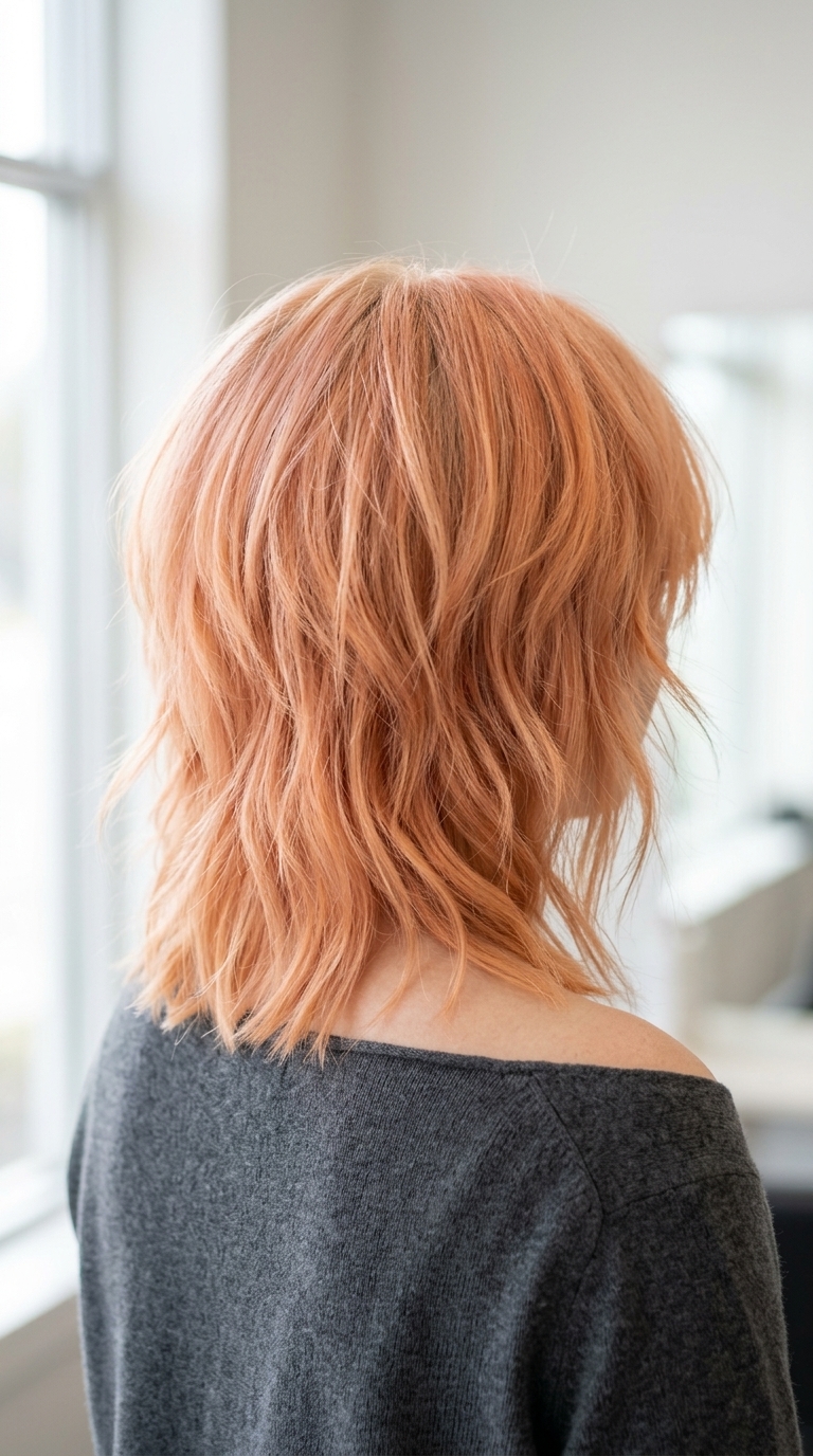 shoulder-length choppy shag lob with pastel apricot and peach, soft root smudge, wispy fringe — soft and playful