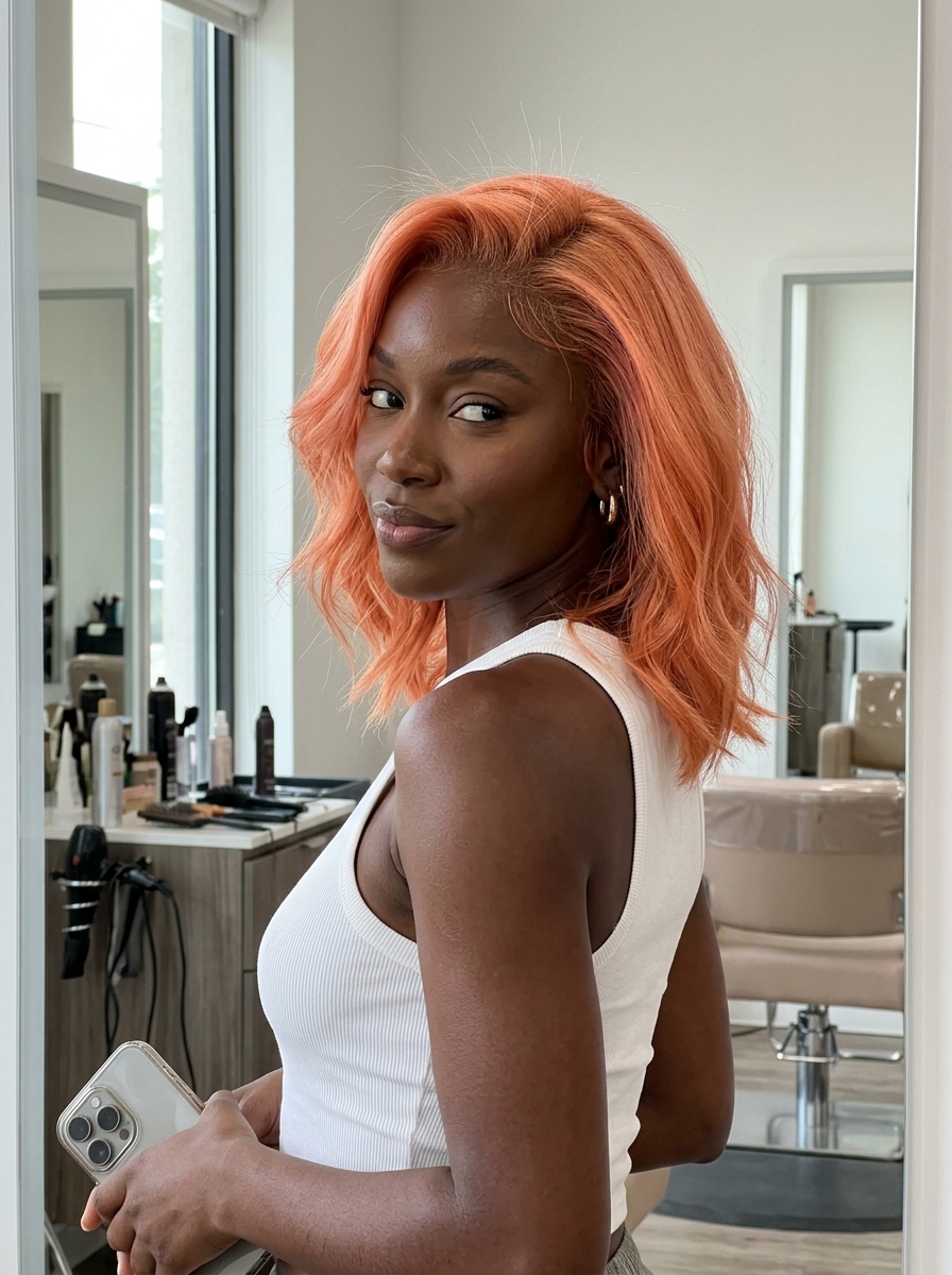 shoulder-length apricot crush textured lob with internal layers for playful style